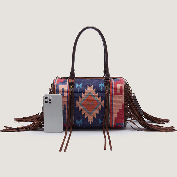 Vintage Handgewebte Boho Tote Tasche mit Quaste und Henkel und Umhängegurt