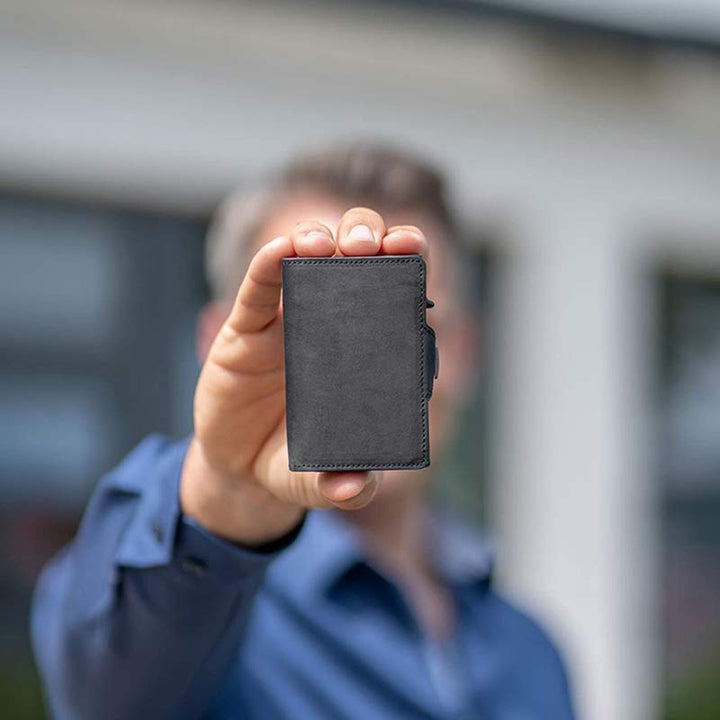 Minimalistische Geldbörse aus echtem Leder, dreifach faltbar, Pop-Up-Kartenhalter mit RFID-Blockierung