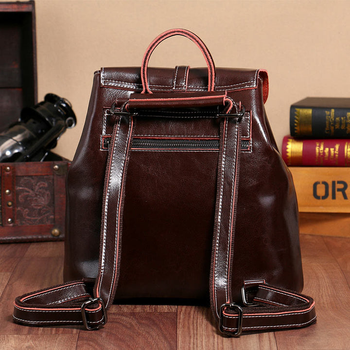 Klassischer Tagesrucksack für Damen, Ausflugsrucksack aus Leder mit Kordelzug