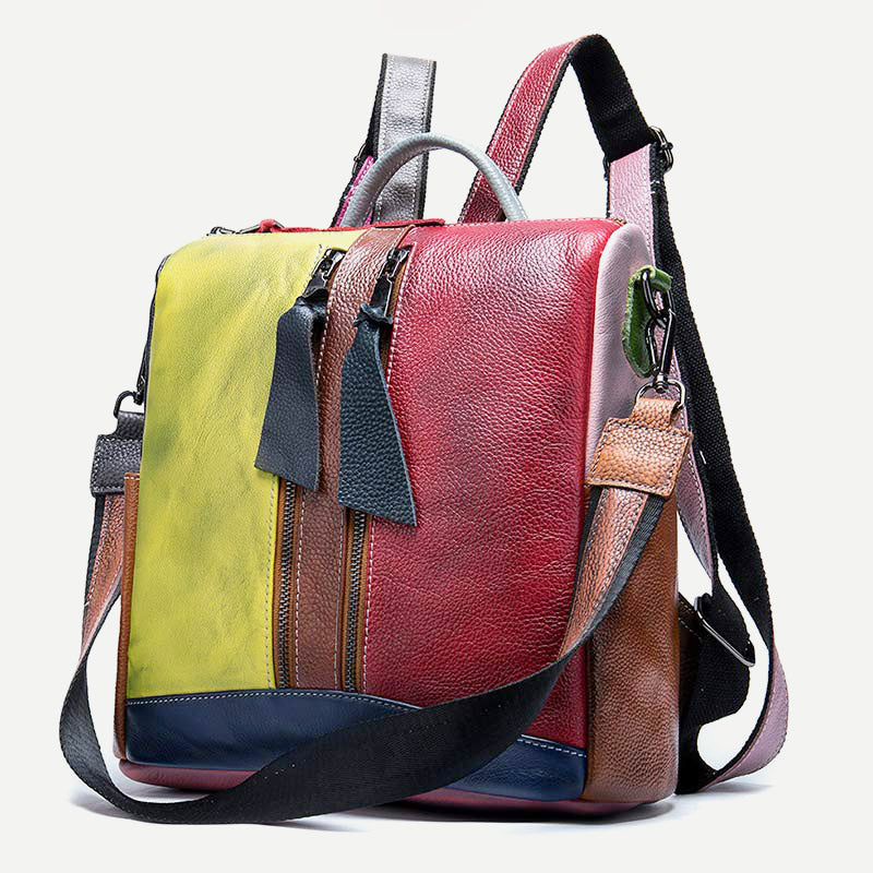 Damen Rucksack Handtasche Cabrio Schultertasche Echtleder Colorblock Casual Daypack