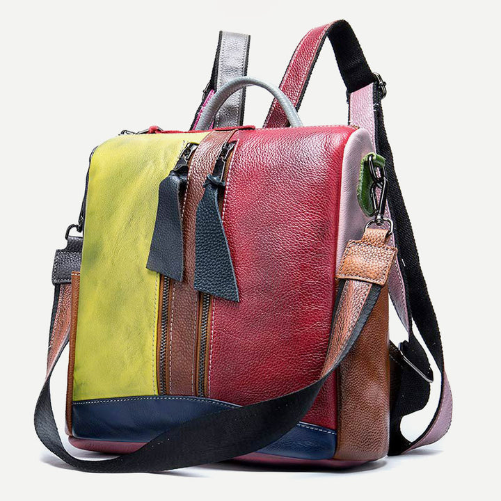 Damen Rucksack Handtasche Cabrio Schultertasche Echtleder Colorblock Casual Daypack