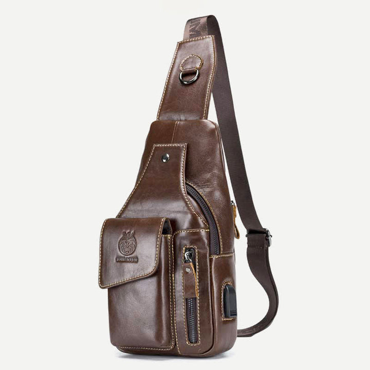 Brusttasche aus echtem Leder mit mehreren Taschen und USB-Ladeanschluss