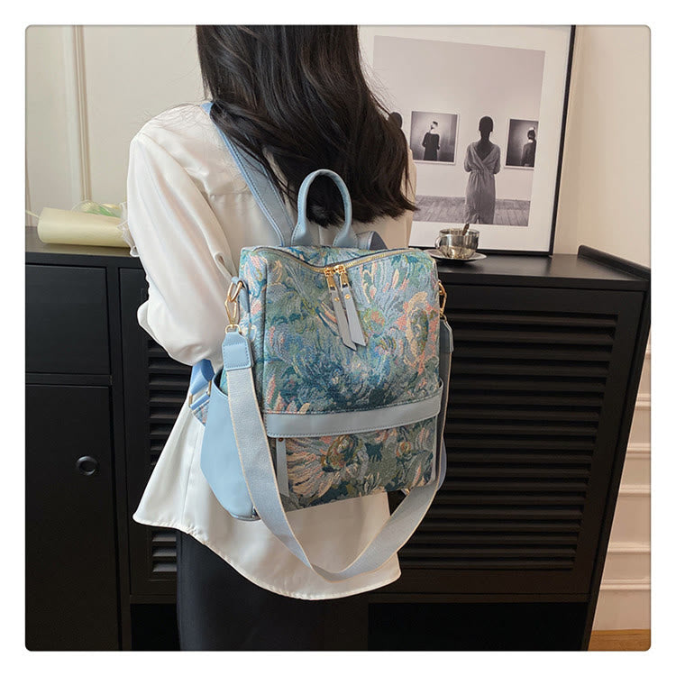 Rucksack aus Canvas mit Ölgemälde-Motiv, Retro-Hahnentrittmuster, großer Studenten-Tagesrucksack