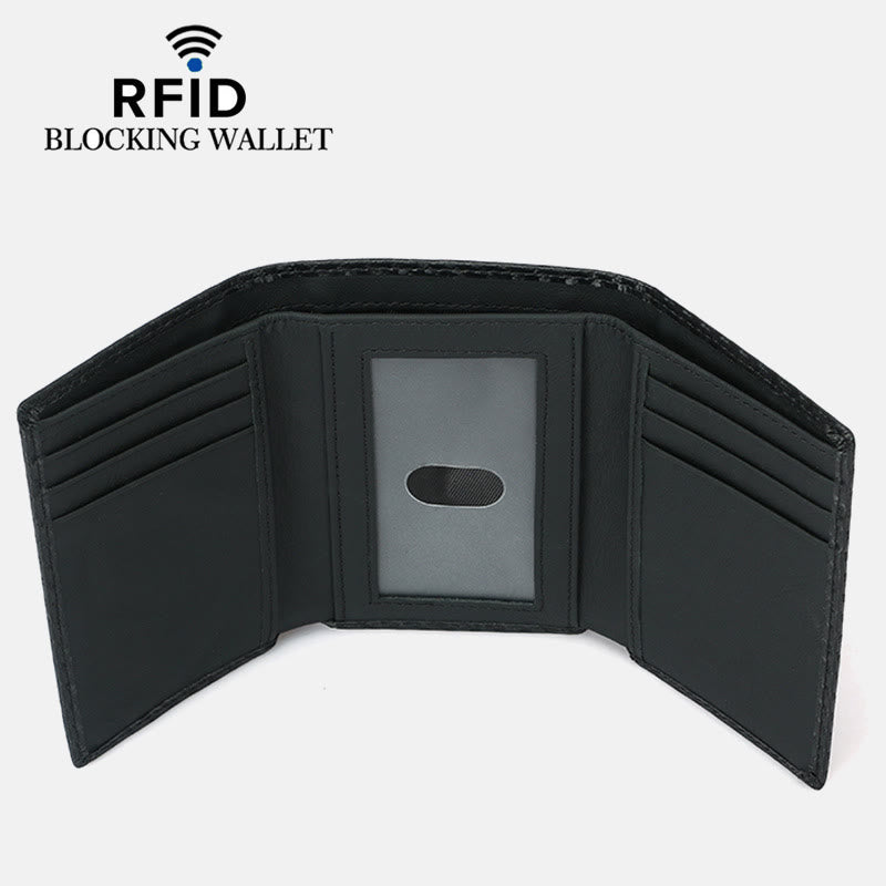 Dreifach gefaltete Herren-Geldbörse aus Leder mit RFID-Blockierung, minimalistisches Kohlefaser-Muster