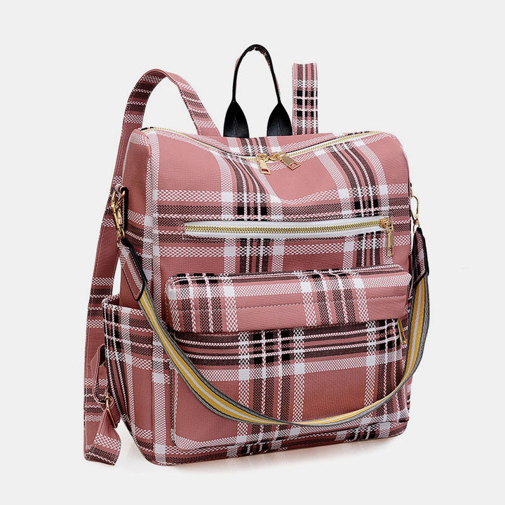Multifunktionaler, lässiger Damen-Rucksack, Tagesrucksack aus Leder mit kariertem Muster und Schultergurt