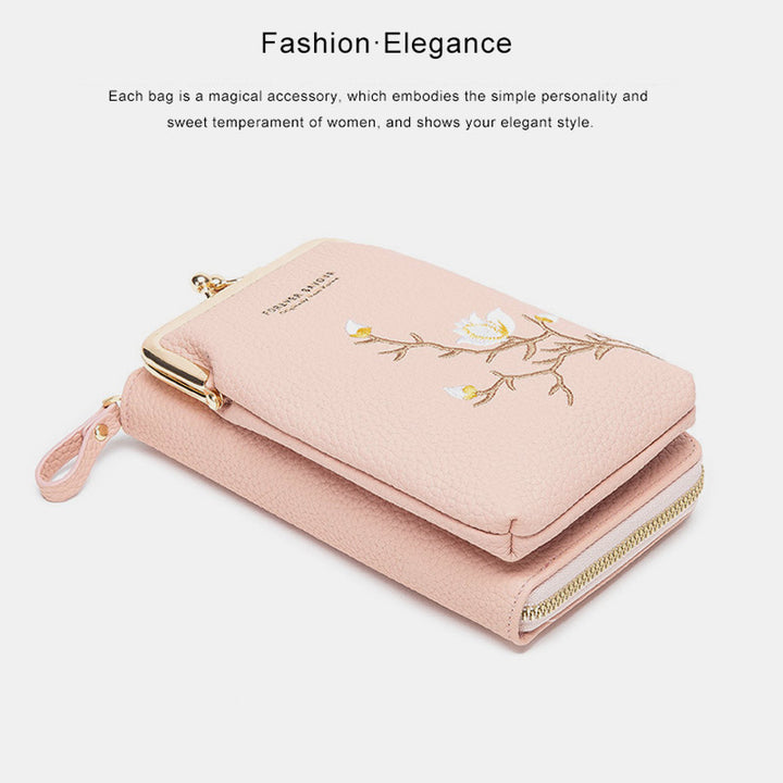 Elegante Umhängetasche fürs Handy mit mehreren Fächern und Blumenstickerei