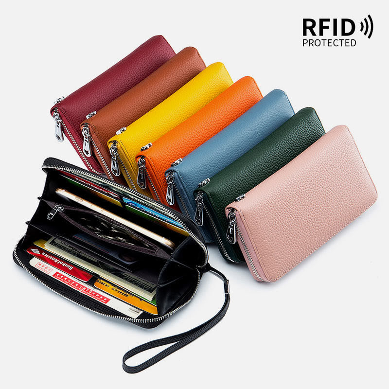 sportliche Lange Brieftasche mit RFID-Schutz, geräumige Leder-Telefonbörse für Damen