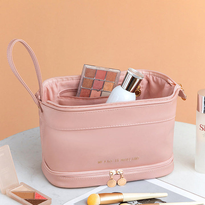 Make-up-Tasche für Damen, tragbare Reise-Kulturtasche aus Leder