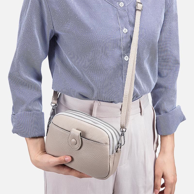Schultertasche aus echtem Leder mit drei Reißverschlüssen, lässige Umhängetasche für Damen