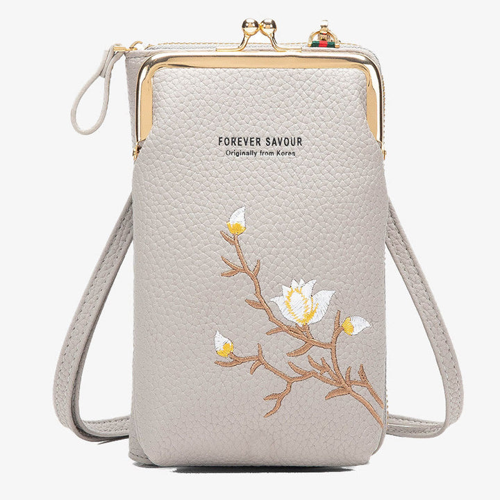 Elegante bestickte Handytasche Damen Mini Crossbody Leder Geldbörse