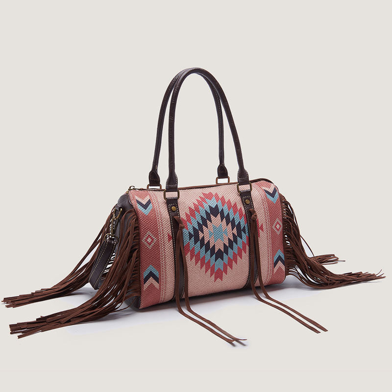Vintage Handgewebte Boho Tote Tasche mit Quaste und Henkel und Umhängegurt
