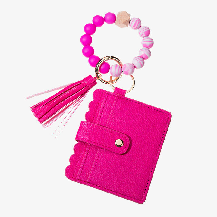 Leder-Kartenhalter für Damen, Silikonperlen-Armband mit Anhänger
