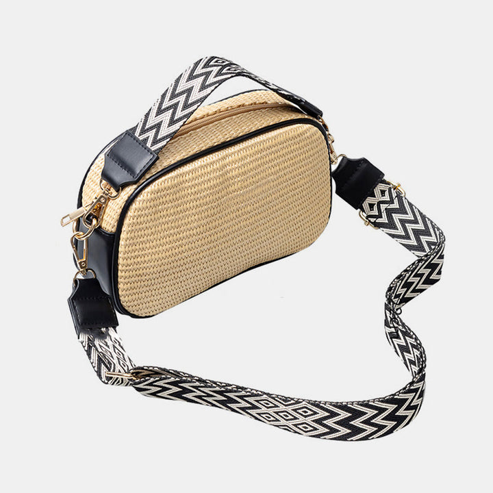 Kleine Pendlertasche für Damen, Umhängetasche aus Stroh mit breitem Riemen