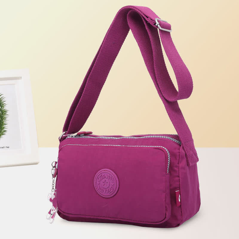 Umhängetasche für Damen, leichte Schultertasche aus Nylon mit Dreifach-Reißverschluss