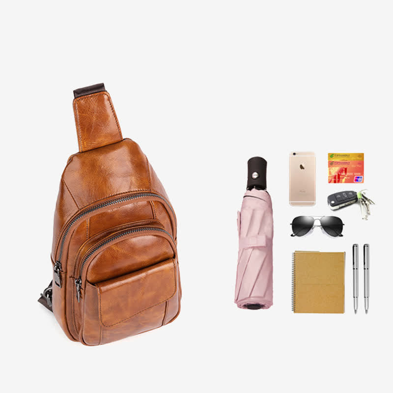 Sling-Rucksack aus echtem Leder, Retro, Mehrzweck-Umhängetasche, Schultertasche, Brusttasche