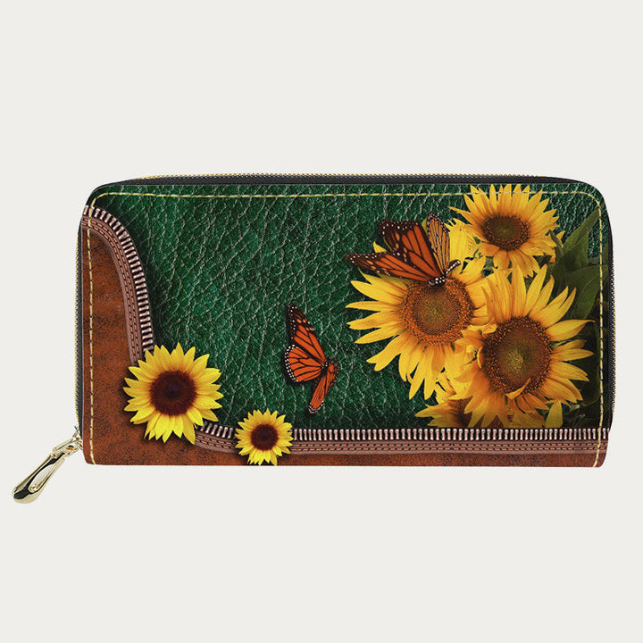 Damen-Geldbörse aus PU-Leder mit Schmetterlings- und Sonnenblumen-Muster, lange Geldbörse