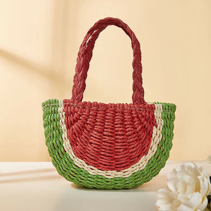 Strandtasche für Damen, tragbare Umhängetasche aus Stroh mit Wassermelonenmuster