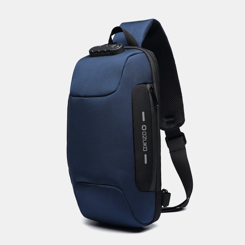 Modische Schultertasche mit mehreren Taschen, Brusttasche mit Passschloss und USB-Ladeanschluss