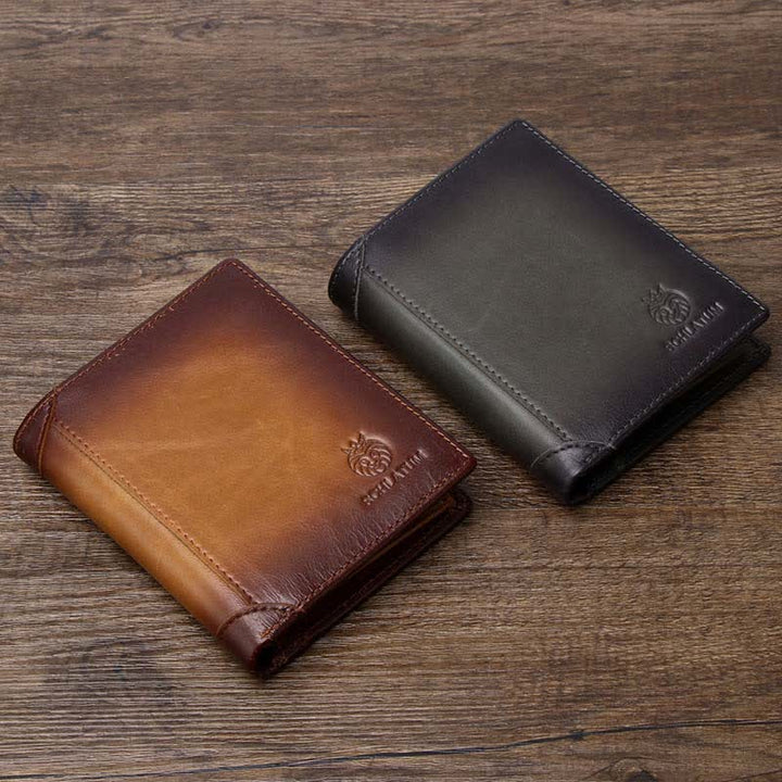 Bifold-Geldbörse aus Leder für Herren mit 2 Ausweisfenstern, Diebstahlschutz, RFID-Blockierung