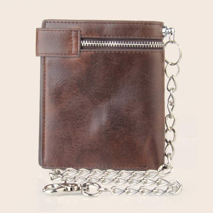 Herren-Geldbörse aus Leder mit Gothic-Totenkopf-Kreuz und langer Metallkette