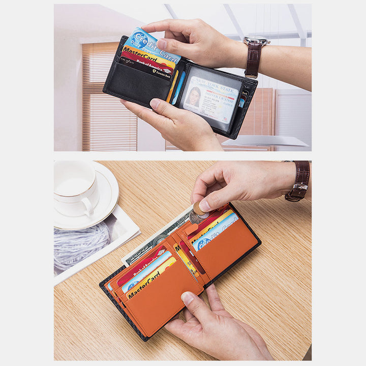 RFID Multi-Slot Prägung Echtes Leder Dreifach gefaltete Super Slim Kurze Brieftasche