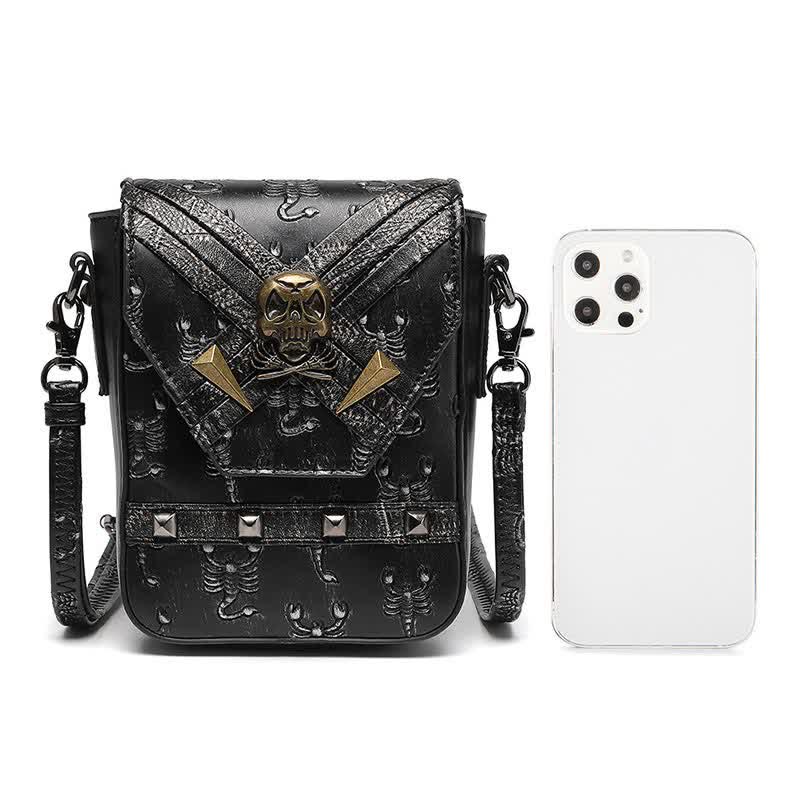 Umhängetasche mit Nieten und Gürtelschlaufe für Punk-Totenkopf und Skorpion