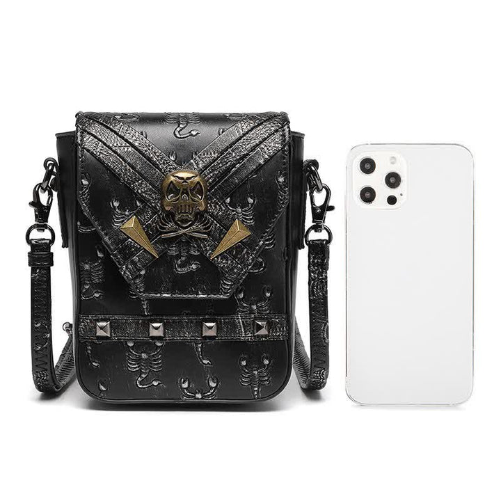 Umhängetasche mit Nieten und Gürtelschlaufe für Punk-Totenkopf und Skorpion