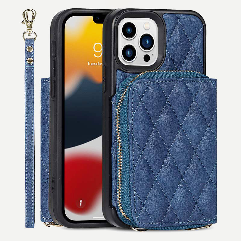iPhone-Handyhülle, gestepptes Leder, Brieftaschen-Hülle, Kartenhalter mit Umhängegurt