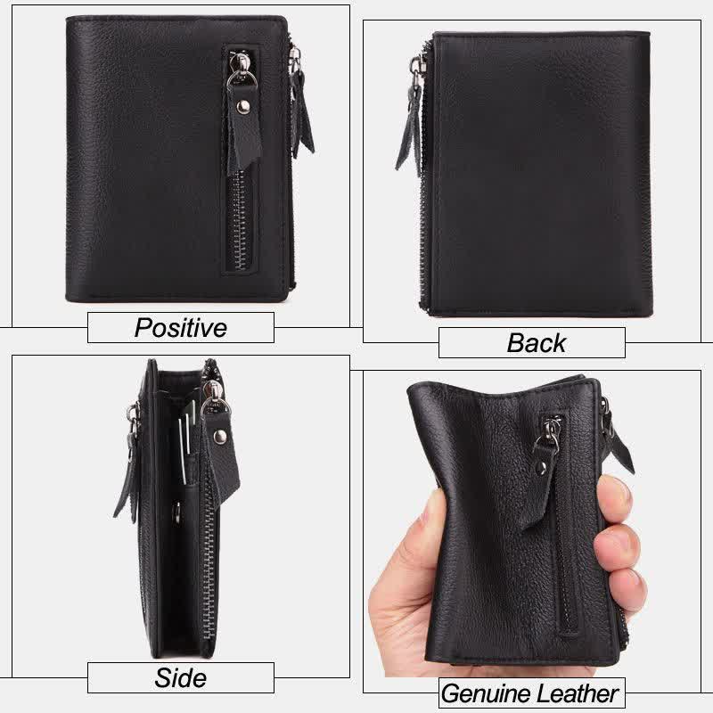 Bifold-Geldbörse für Herren aus echtem Leder mit Kartenhalter und doppeltem Reißverschlussfach