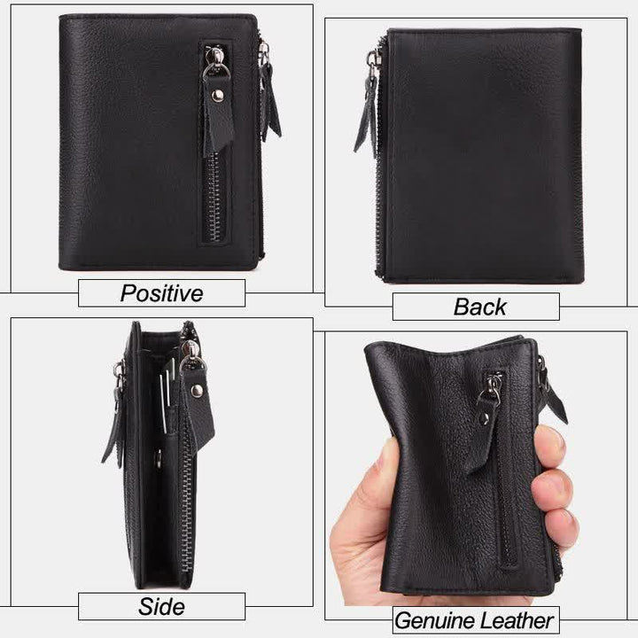 Bifold-Geldbörse für Herren aus echtem Leder mit Kartenhalter und doppeltem Reißverschlussfach