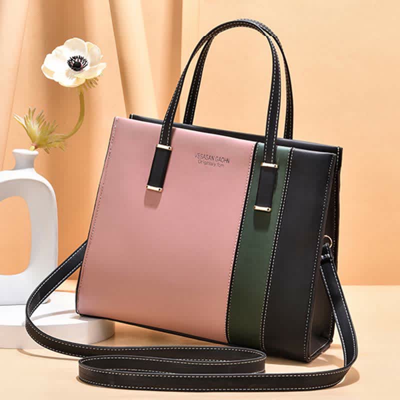 Damen Handtasche aus Leder mit Henkel, modisch, mit Farbblock-Muster, Umhängetasche