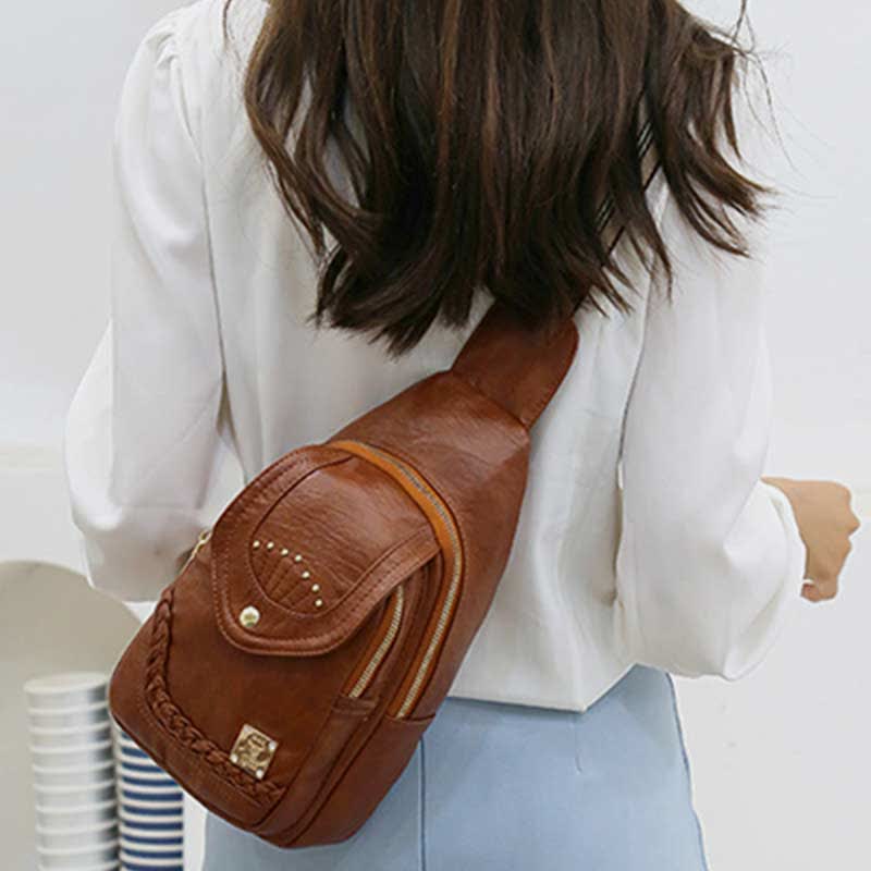 Kleiner Sling-Rucksack aus Kunstleder, Mehrzweck-Brusttasche mit Doppelreißverschluss, Rushsack