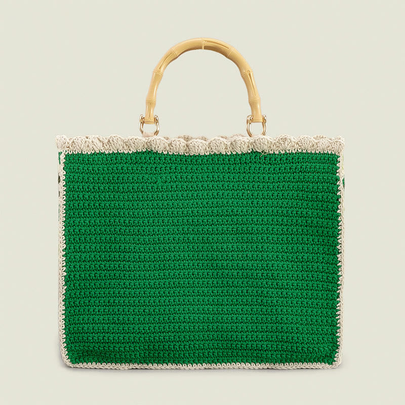 Gestrickte Handtasche mit Blumen-Patchwork-Muster und Bambusgriff