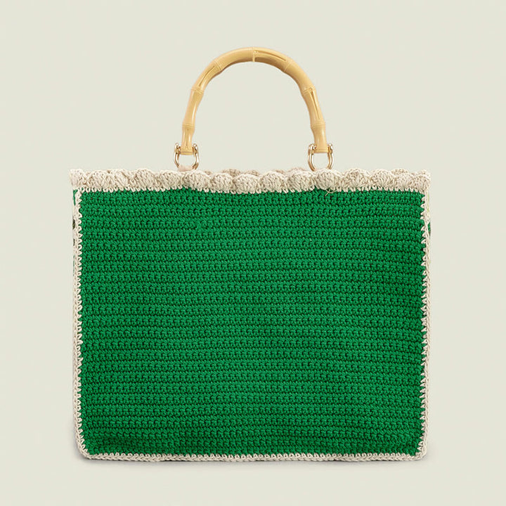 Gestrickte Handtasche mit Blumen-Patchwork-Muster und Bambusgriff
