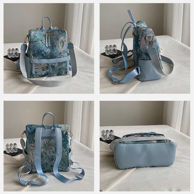 Rucksack aus Canvas mit Ölgemälde-Motiv, Retro-Hahnentrittmuster, großer Studenten-Tagesrucksack