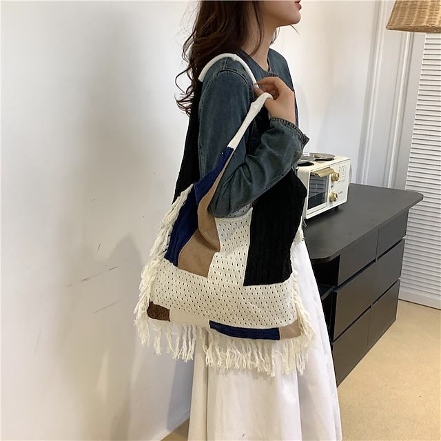 Quaste Umhängetasche für Damen Einfache Retro Gespleißte Stricktasche