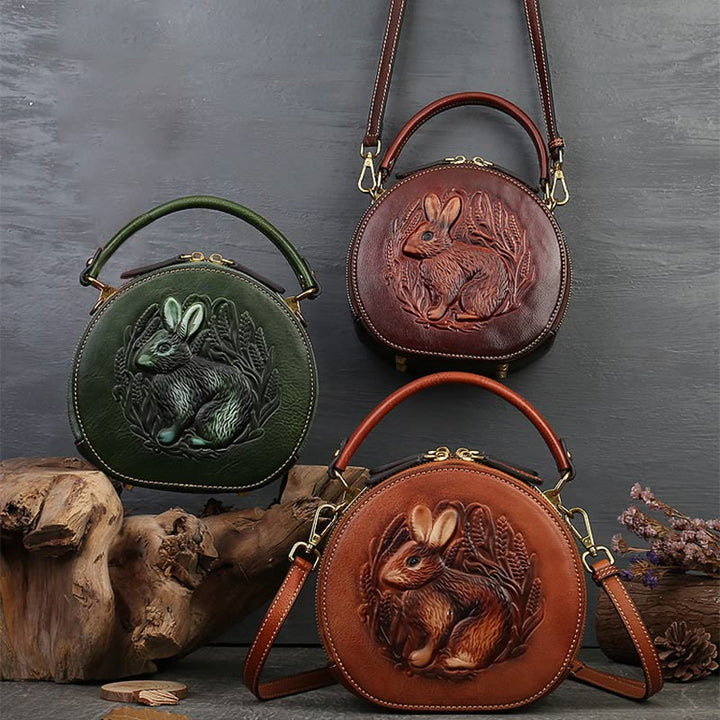 Retro Hase Prägung Handtasche Folk Custom Crossbody Leder Geldbörse