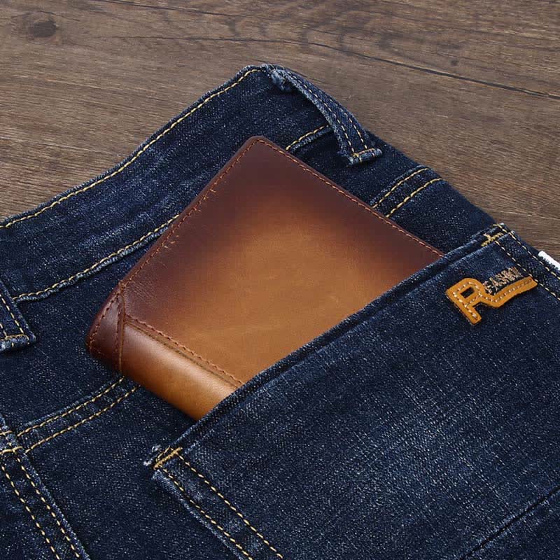 Bifold-Geldbörse aus Leder für Herren mit 2 Ausweisfenstern, Diebstahlschutz, RFID-Blockierung