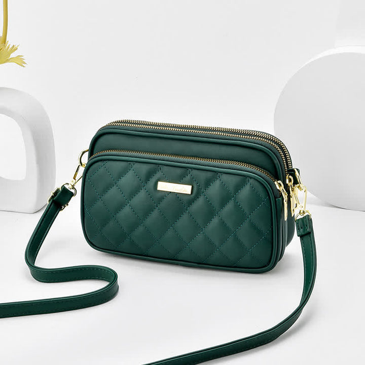 Umhängetasche mit drei Reißverschlüssen, gestepptes Leder, Schultertasche für Damen