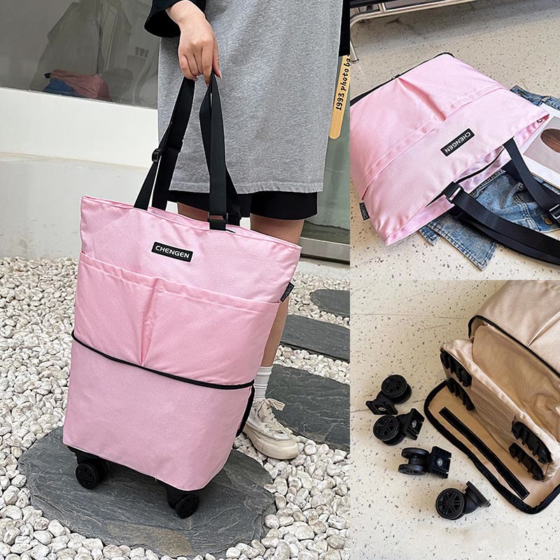 Supermarkt Rolling Tote Abnehmbare Faltbare Räder Schulter Handtasche Für Frauen