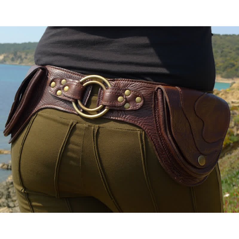 Mittelalterliche Gürteltasche aus Leder mit zwei Taschen, Vintage-Hüftgürtel, Taillentasche