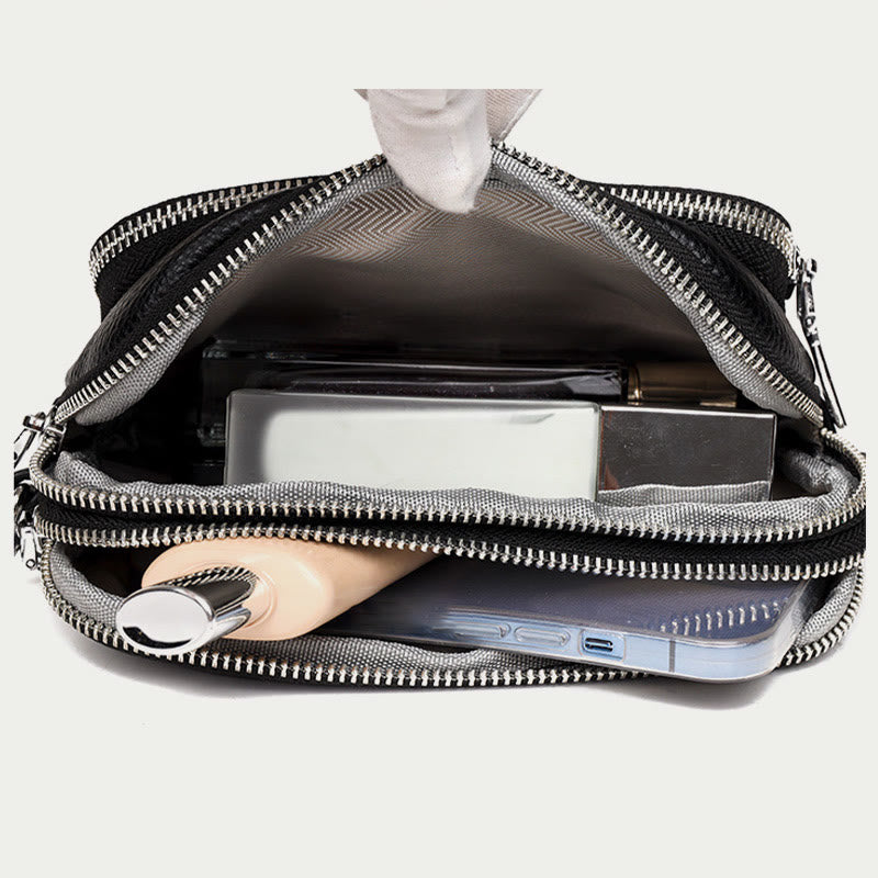 Umhängetasche aus echtem Leder mit drei Reißverschlüssen, lässige Reisetasche