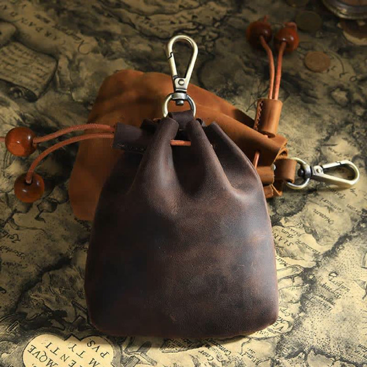 Vintage Münzgeldbörse Echtleder Beutel Brieftasche Kordelzug Aufbewahrungstasche