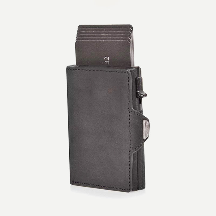 Minimalistische Geldbörse aus echtem Leder, dreifach faltbar, Pop-Up-Kartenhalter mit RFID-Blockierung