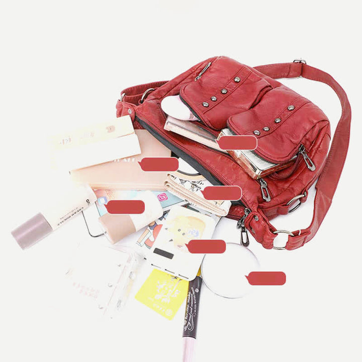 Umhängetasche mit mehreren Taschen für Damen, Retro-Nieten, Leder, Schultertasche