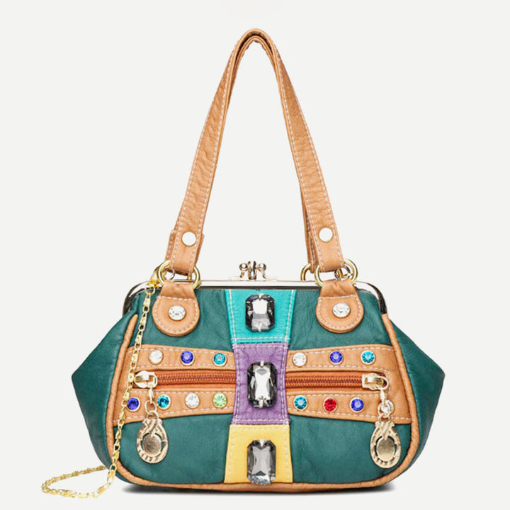 Retro Doppellagige Kiss-Lock Schulterhandtasche Party Abendtasche mit Umhängekette