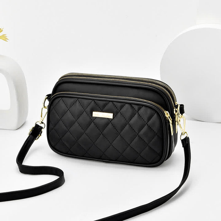 Umhängetasche mit drei Reißverschlüssen, gestepptes Leder, Schultertasche für Damen