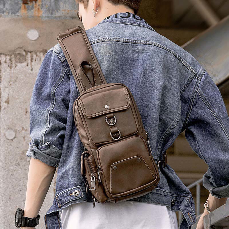 Retro-Schultertasche aus Leder mit Diebstahlschutz und interaktiven Taschen, geräumiger Tagesrucksack