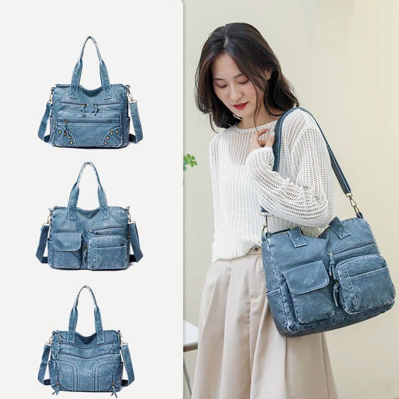 Denim Farbe Tote Handtaschen Große Kapazität Kunstleder Schulter Geldbörse