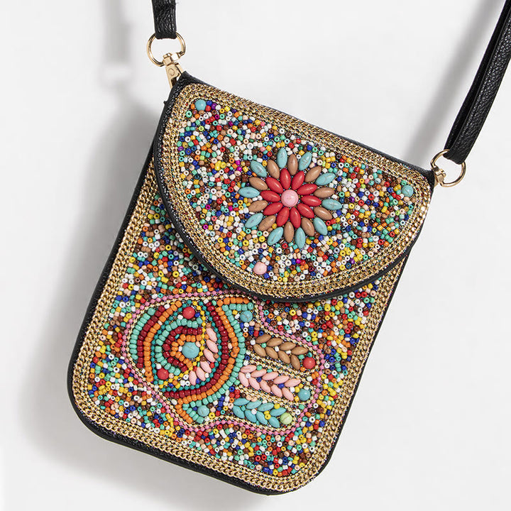Bohemian Handytasche Damen Muschel Blumen Muster Magnetische Umhängetasche